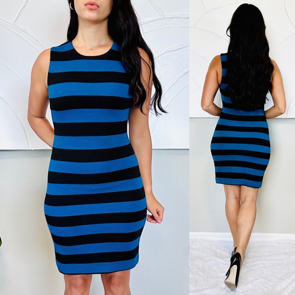 Diane von Furstenberg Blue-Black Striped Textured Wool Rigmora Dress - Picture 10 of 10